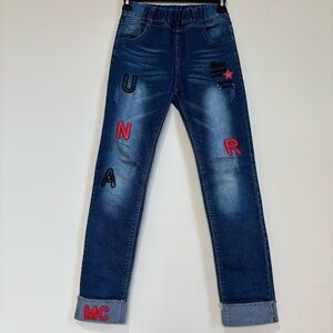 big girls size 9/10 alphabet embroidery denim blue pull on preppy jeans